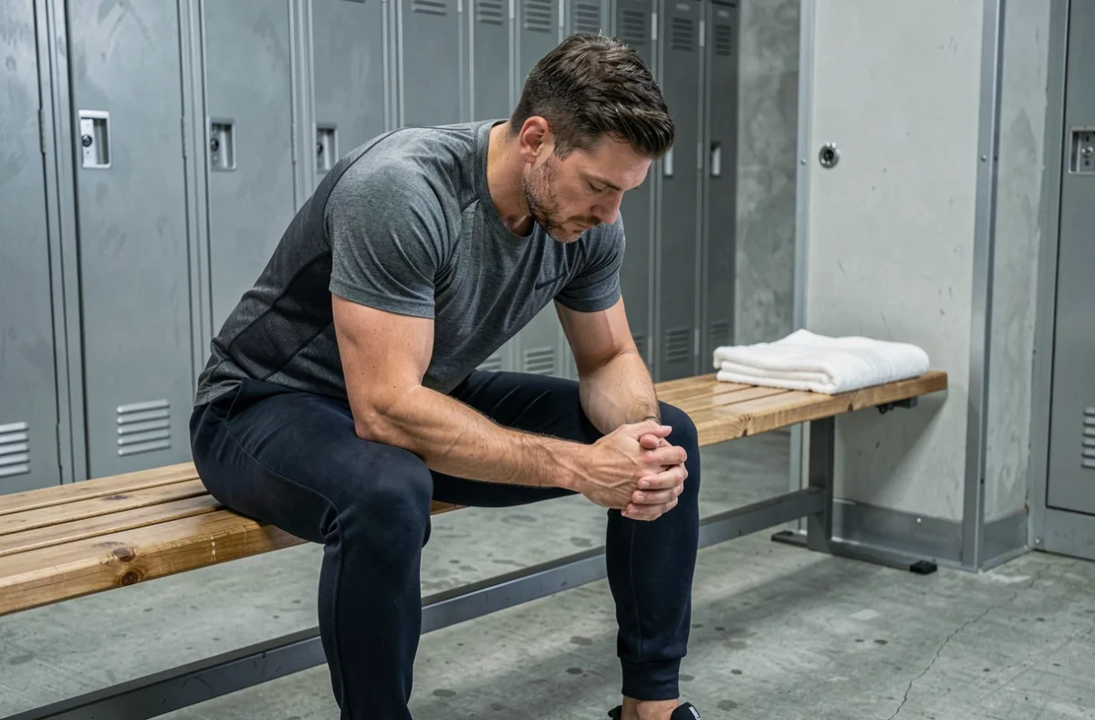 Homme sportif assis dans un vestiaire de salle de sport, concentré sur une sensation physique de vibration ou de tremblement dans son corps