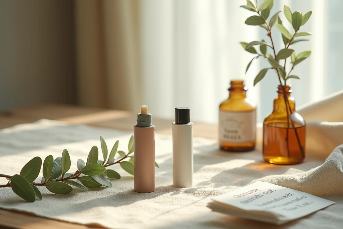 Gros plan d'inhalateurs yadom thaïlandais sur lin crème avec plantes séchées pour article sur la sinusite